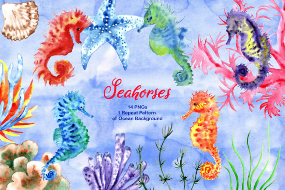 Watercolor Nautical Ocean Seahorses